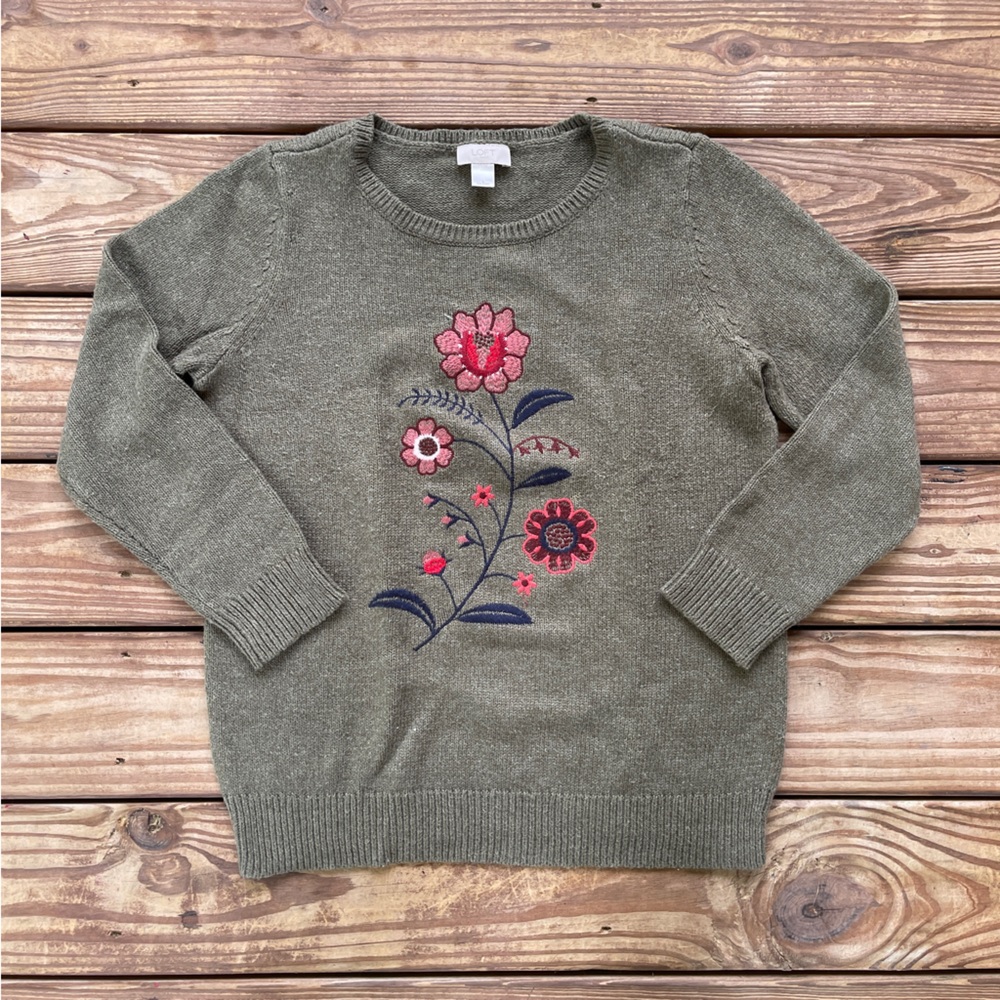 LOFT Outlet Floral Embroidered Sweater Olive Green Size Large